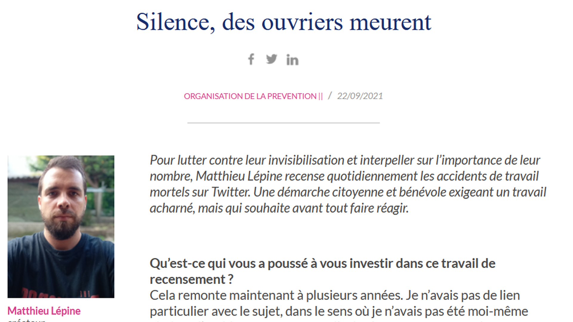 Article de Préventica "Silence, des ouvriers meurent"